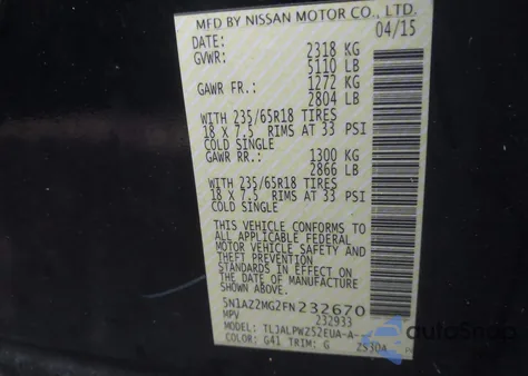 2015 Nissan Murano S z USA, uszkodzony, nr VIN 5N1AZ2MG2FN232670